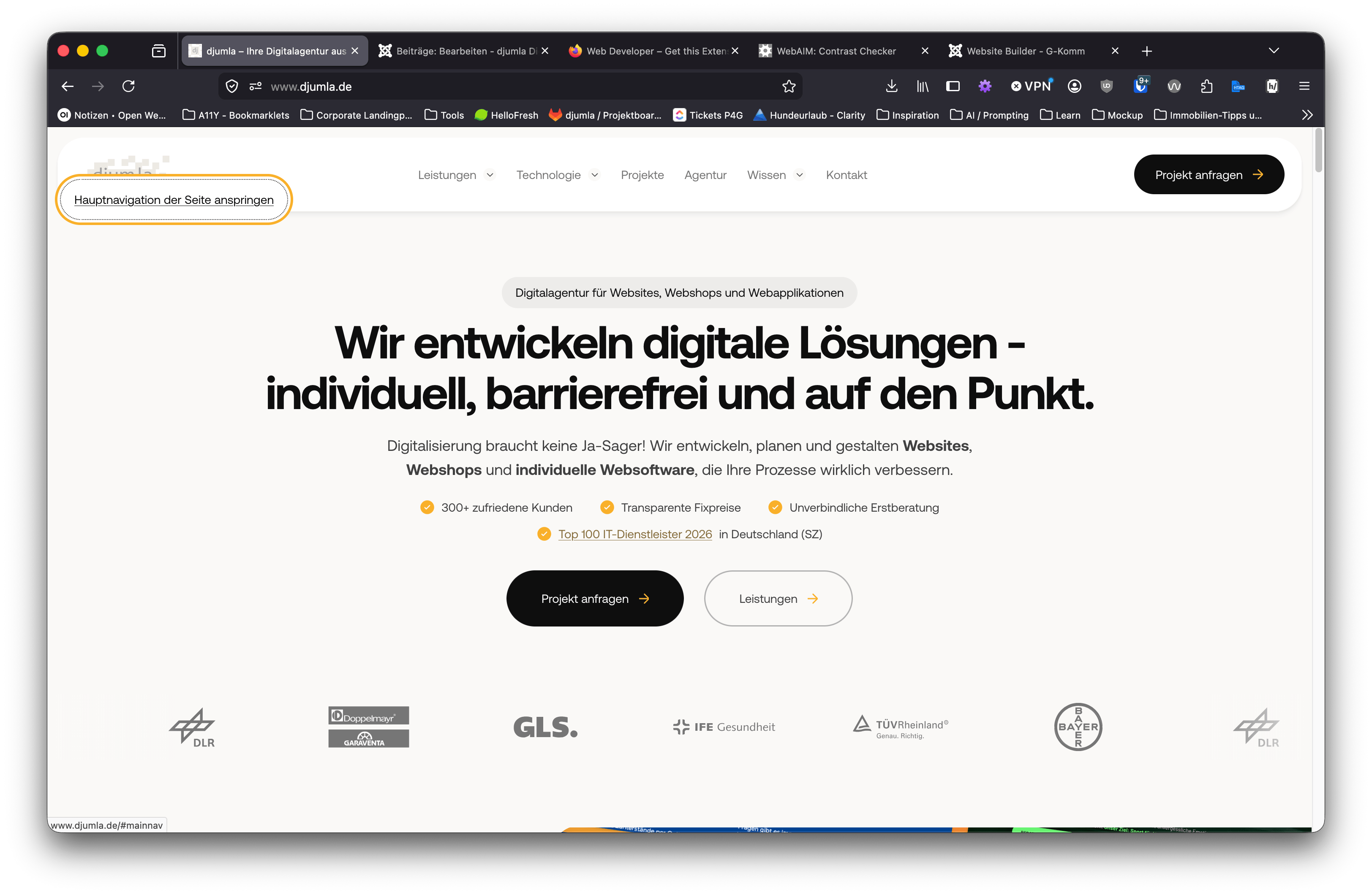 Screenshot djumla.de mit angezeigtem Skiplink