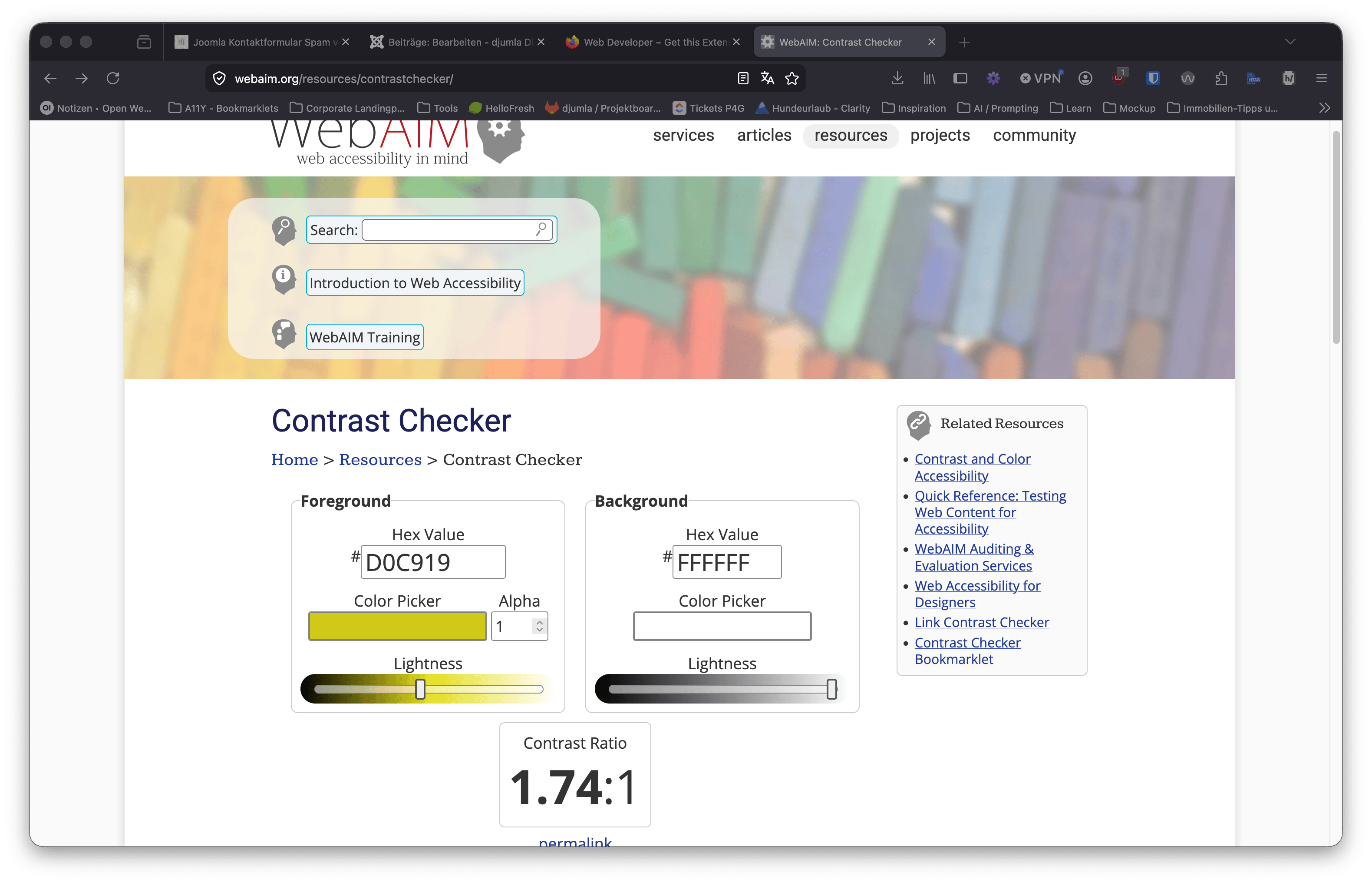 Screenshot: Fehlgeschlagene Kontrastprüfung in WebAim Checker