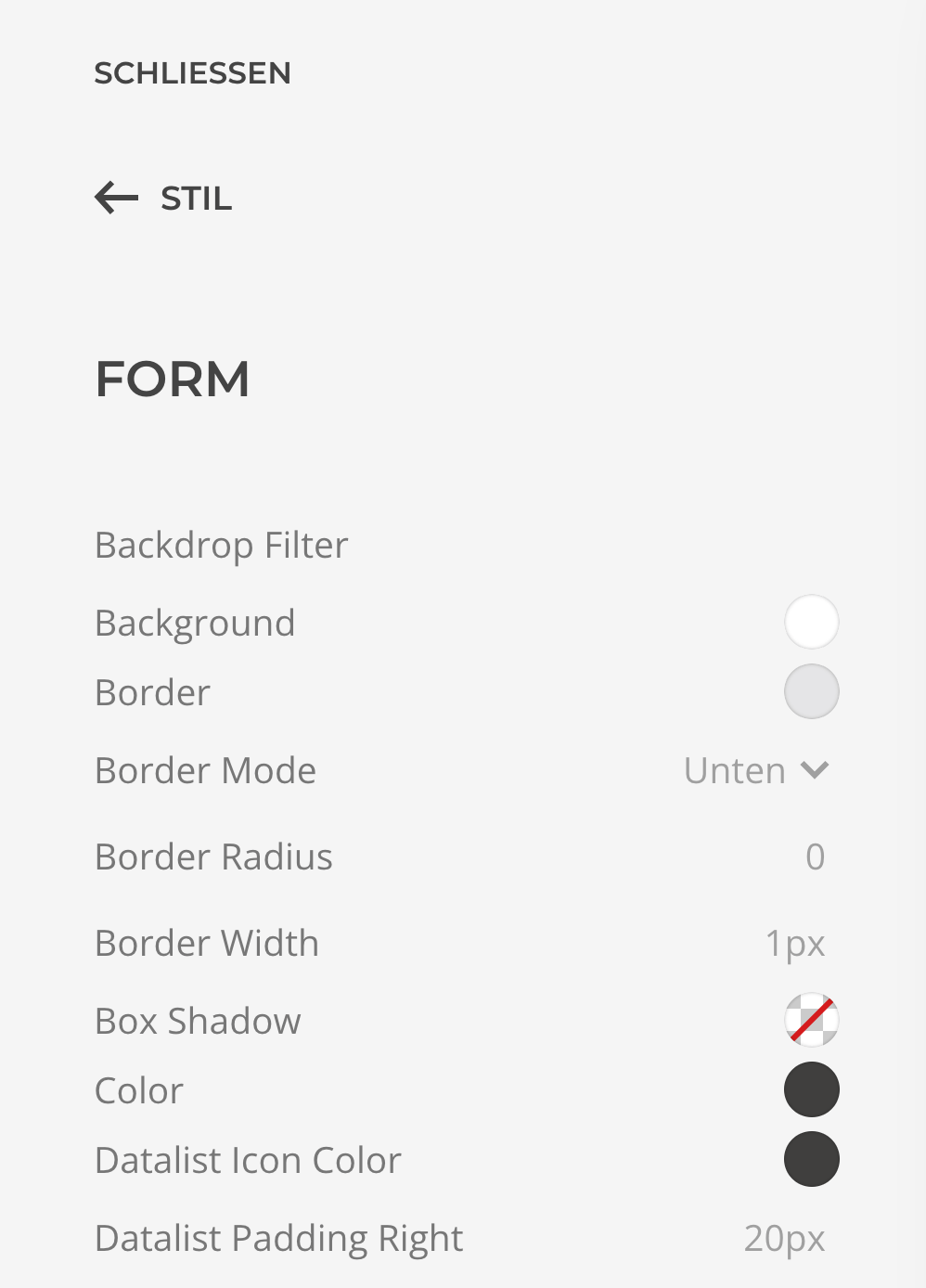 Screenshot: Stil Panel "Form" in YoothemePro