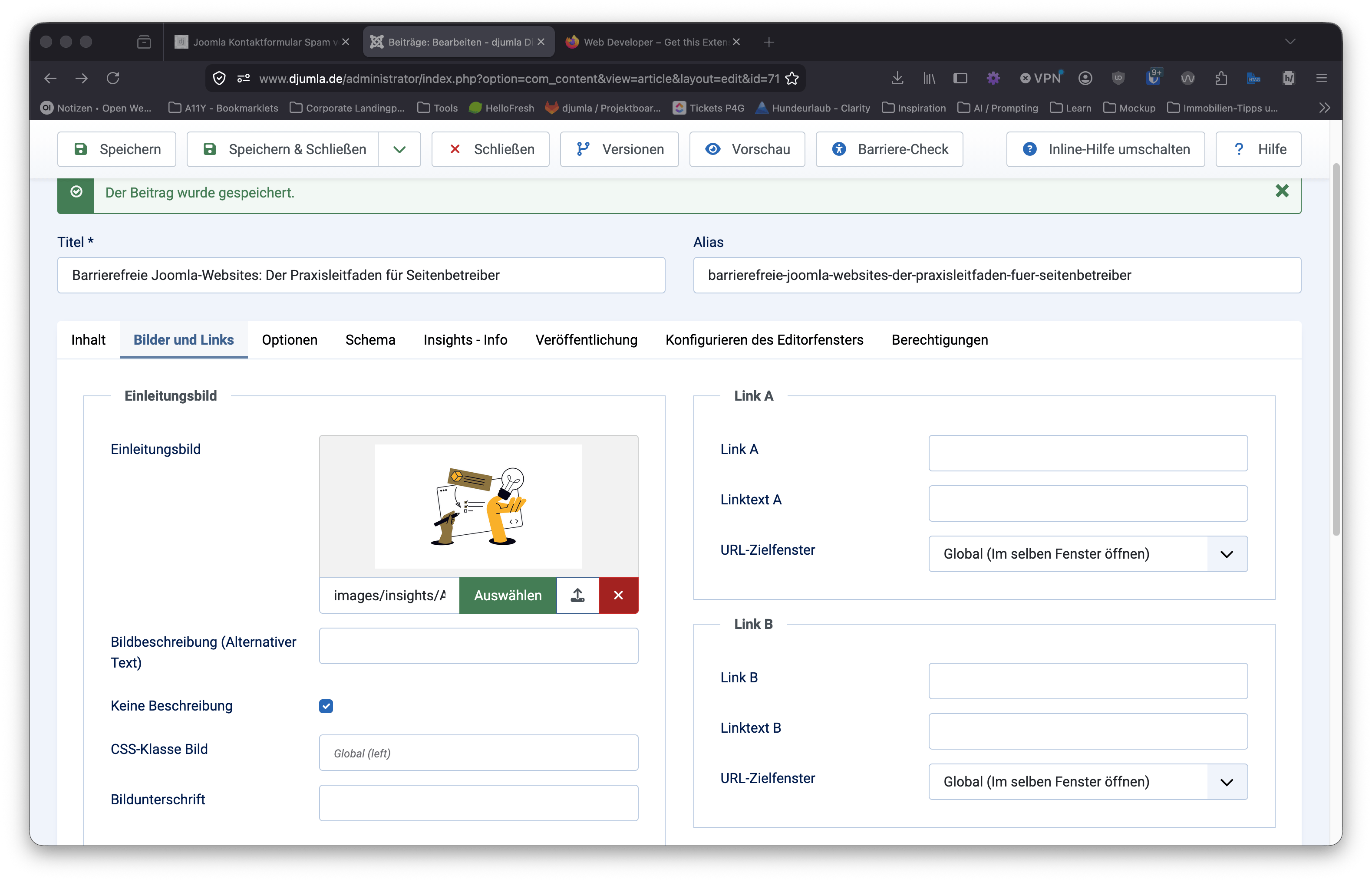 Screenshot: Tab Bilder & Links in Beitragsansicht des Joomla Backend