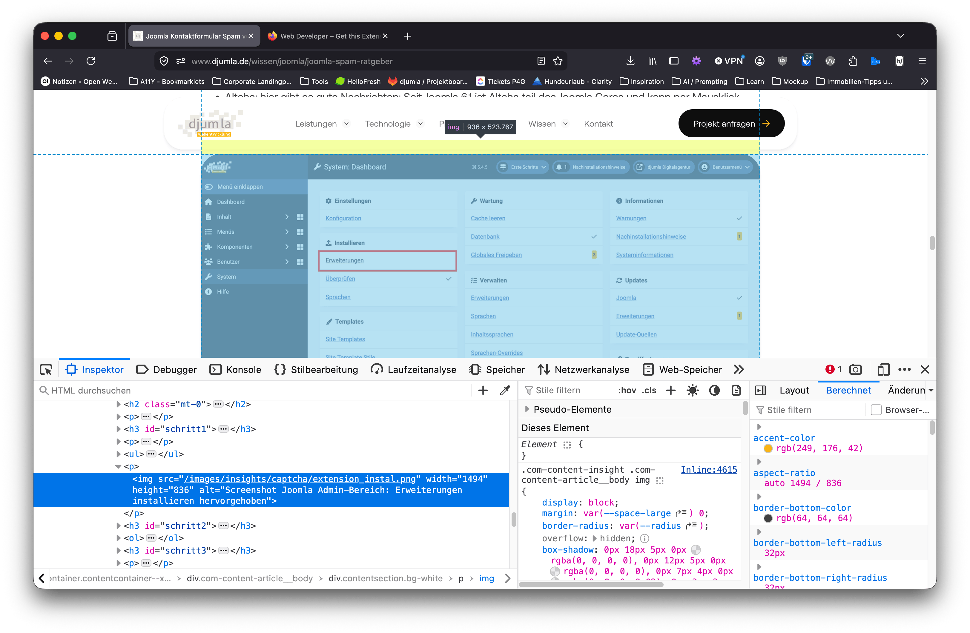 Screenshot: djumla.de mit geöffneten Entwicklertools. Img-Tag wird geprüft.