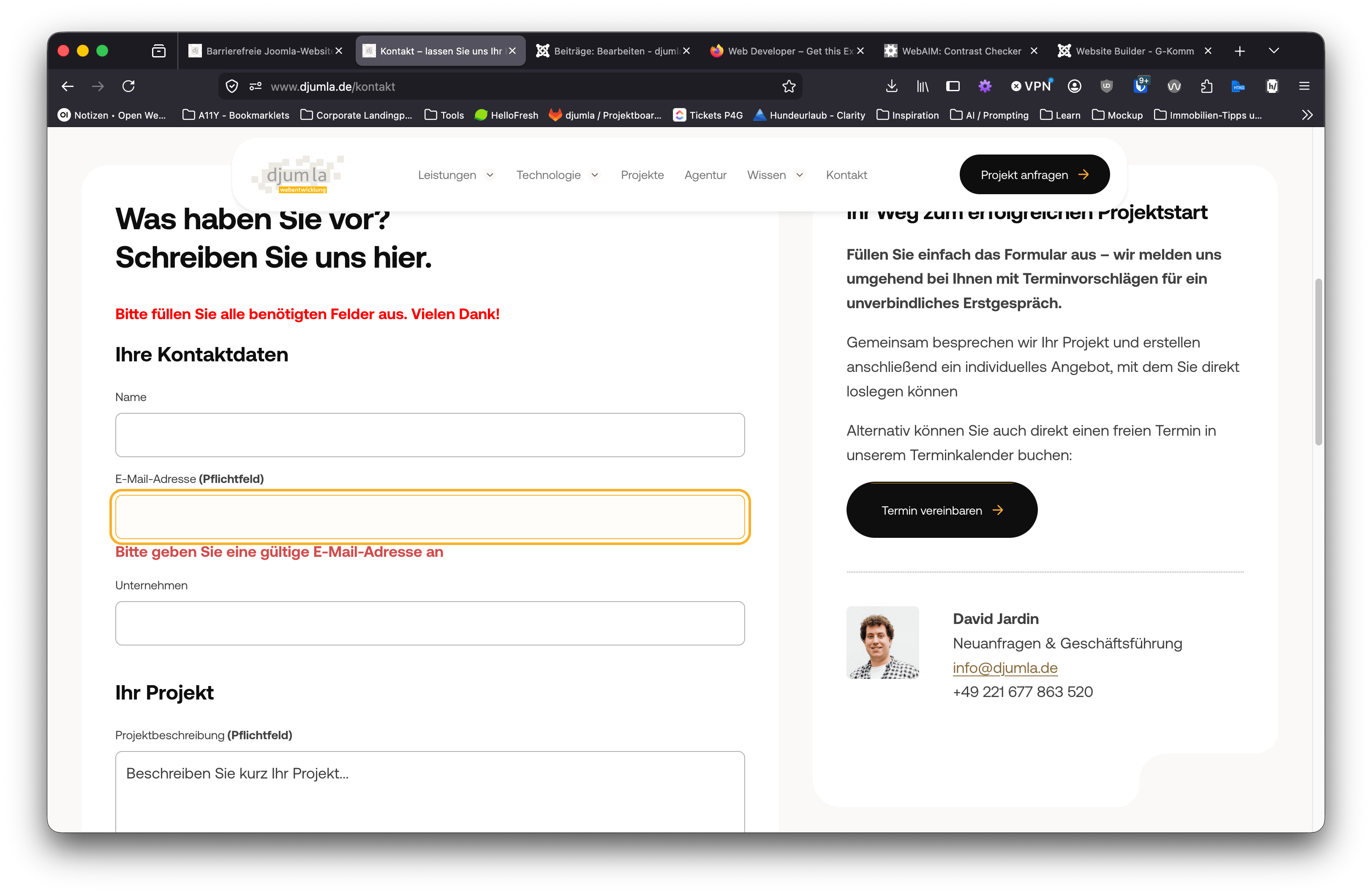 Screenshot: Kontaktformular mit angezeigten Fehlermeldungen
