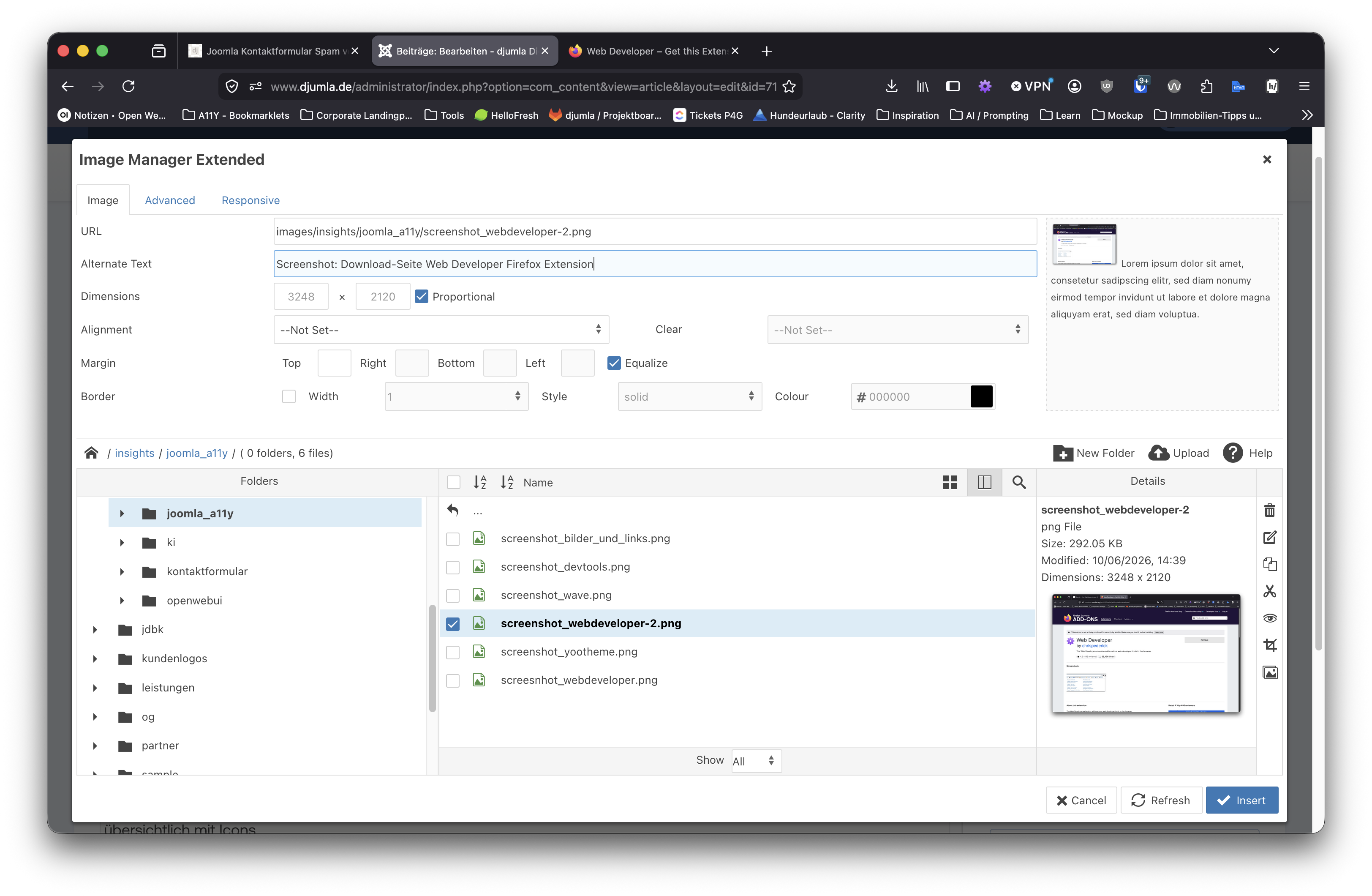 Screenshot: Bildbearbeitung in JCE-Editor