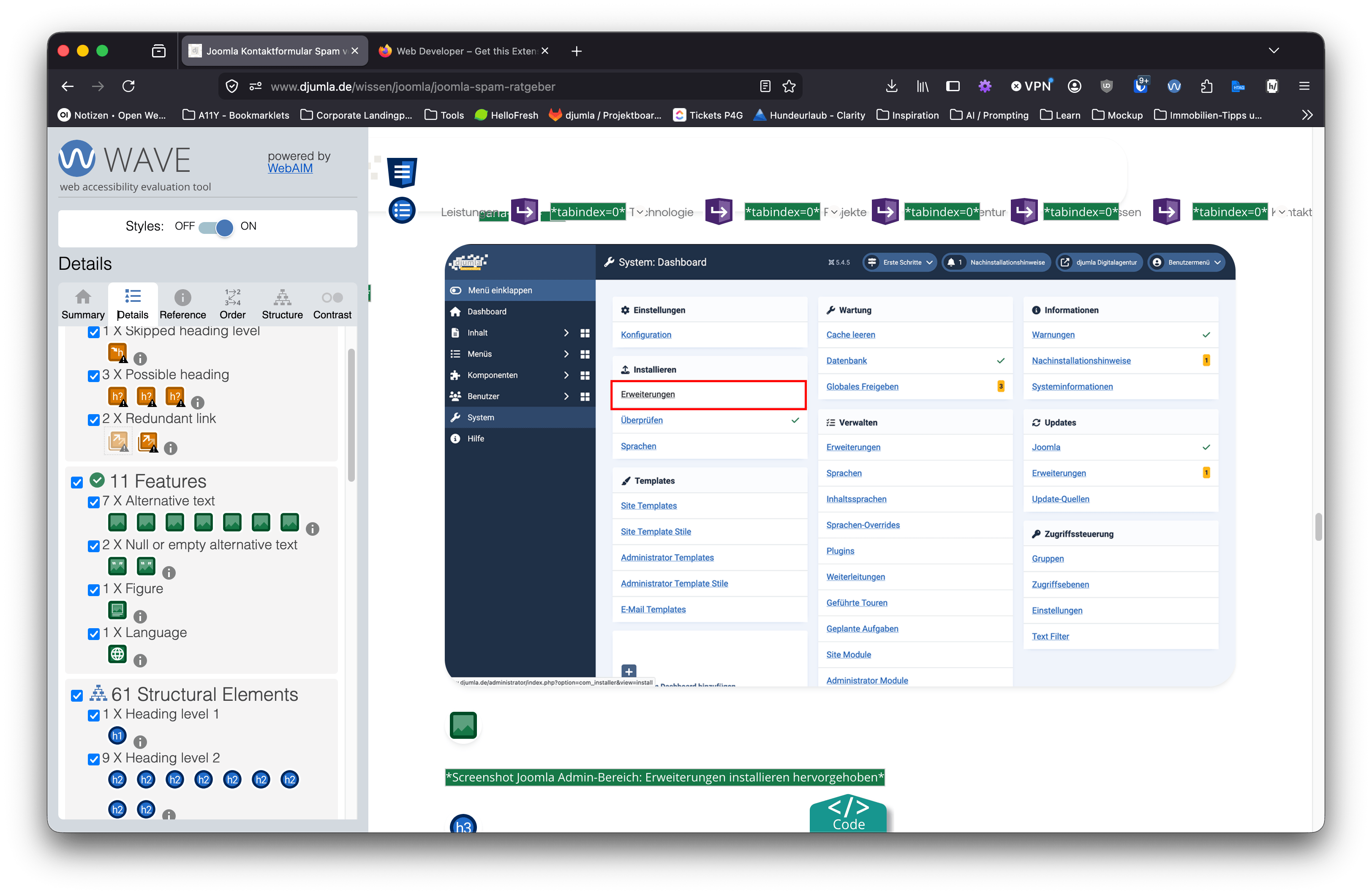 Screenshot: djumla.de im WAVE-Prüfungsprogramm