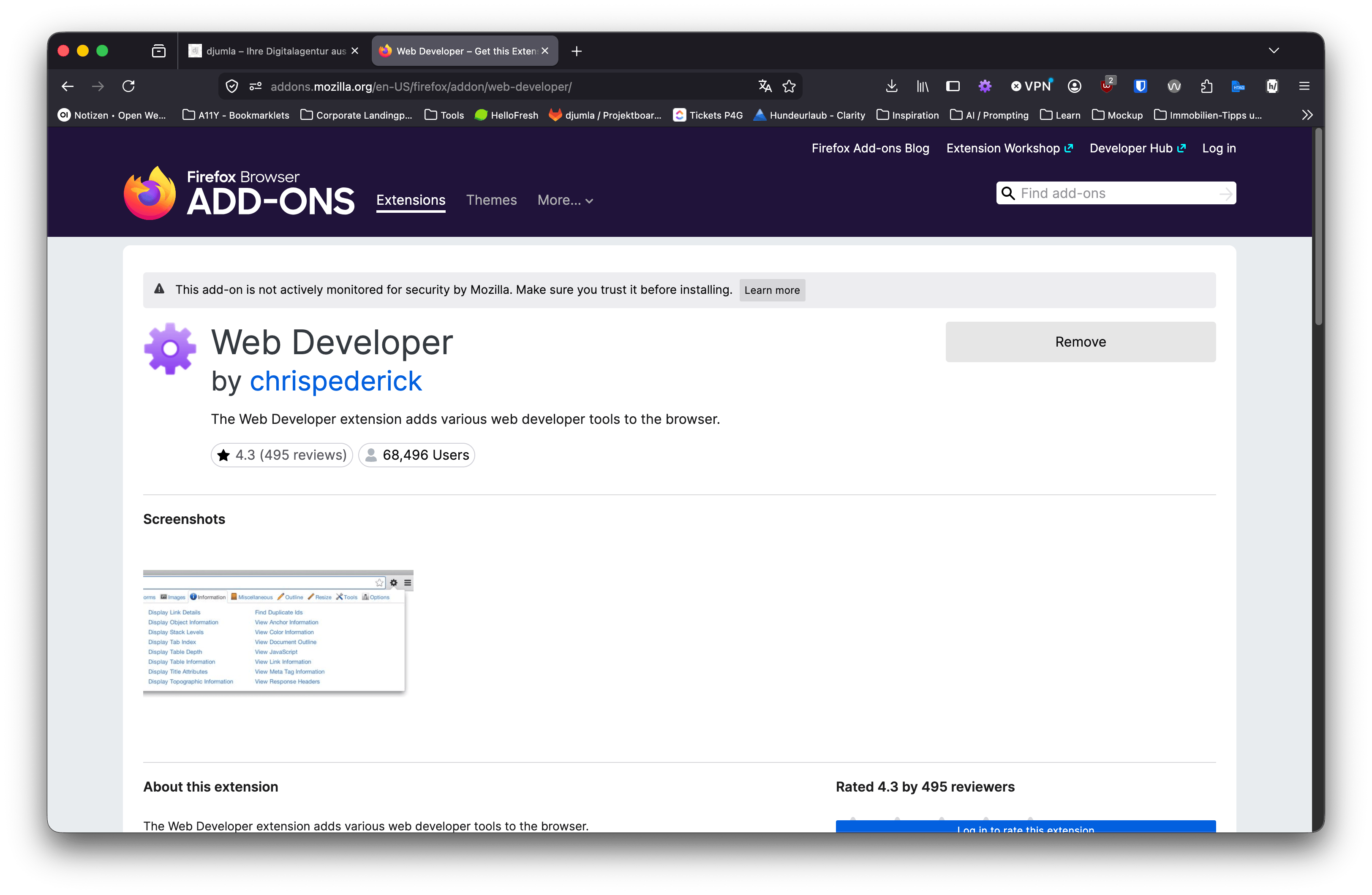 Screenshot: Download-Seite Web Developer Firefox Extension