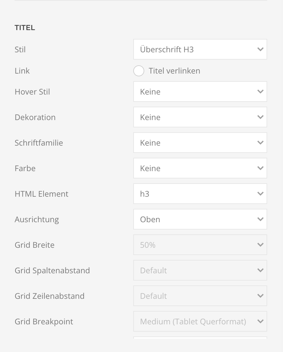 YOOtheme Builder Einstellungspanel zum Titel eines Panel