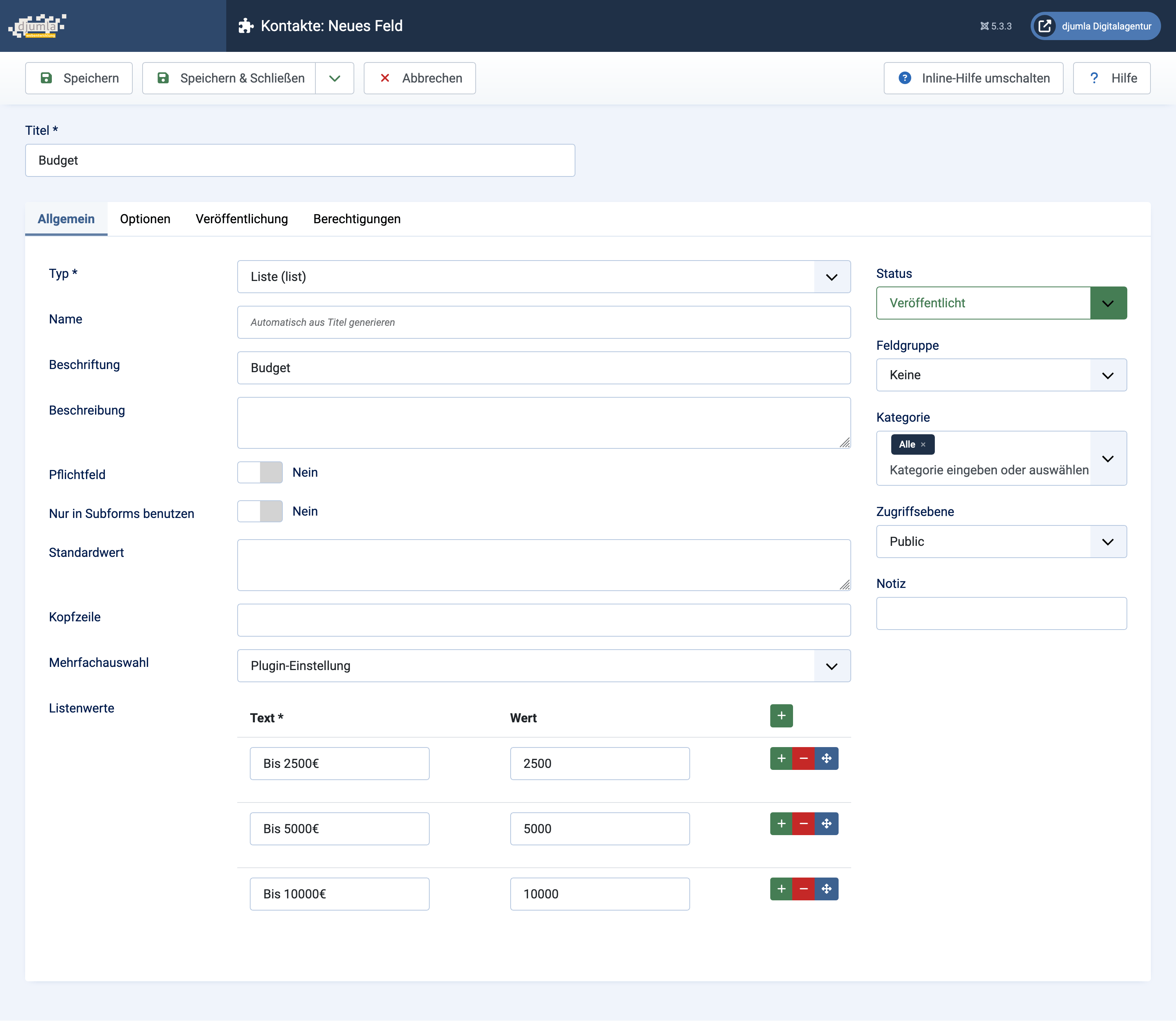 Screenshot: Administrationsansicht Joomla! - Erstellung eines neuen Eingabefelds zur Auswahl eines Budgets