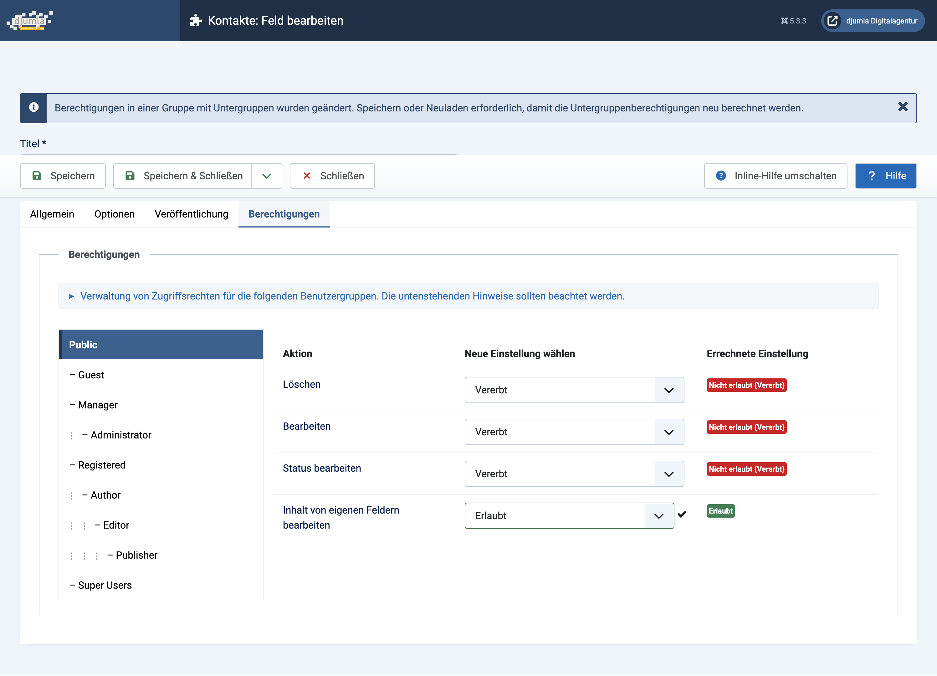 Screenshot: Ansicht Berechtigungen Joomla-Adminbereich